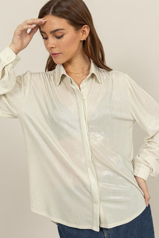 Front View. Lustre Puff Sleeve Blouse-Long Sleeves-Vixen Collection, Day Spa and Women's Boutique Located in Seattle, Washington