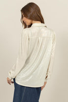 Back View. Lustre Puff Sleeve Blouse-Long Sleeves-Vixen Collection, Day Spa and Women's Boutique Located in Seattle, Washington