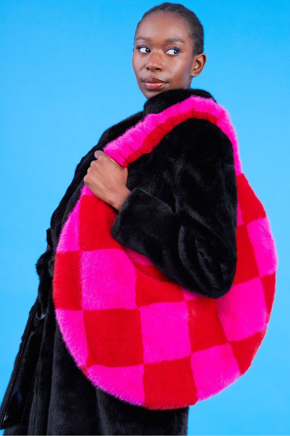 Bamboo Faux Fur Checkered Bag-Accessories-Vixen Collection, Day Spa and Women's Boutique Located in Seattle, Washington