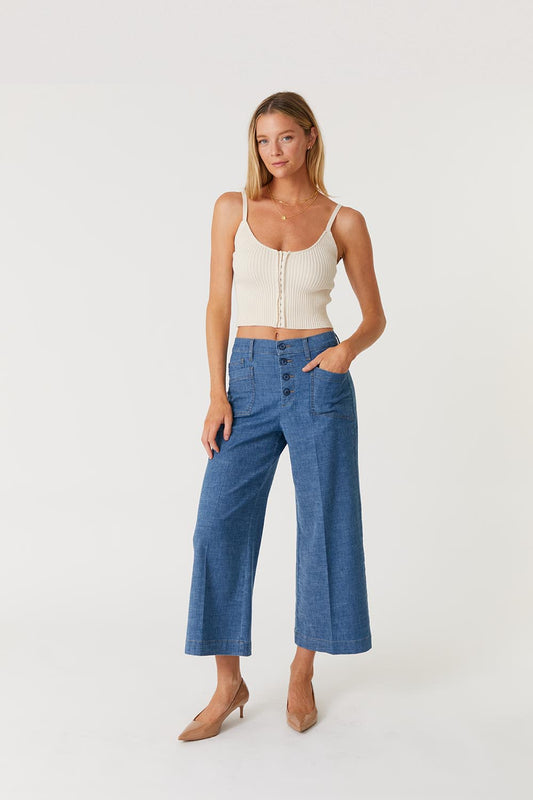 Sophia Exposed Button Wide Leg Pants-Denim-Vixen Collection, Day Spa and Women's Boutique Located in Seattle, Washington