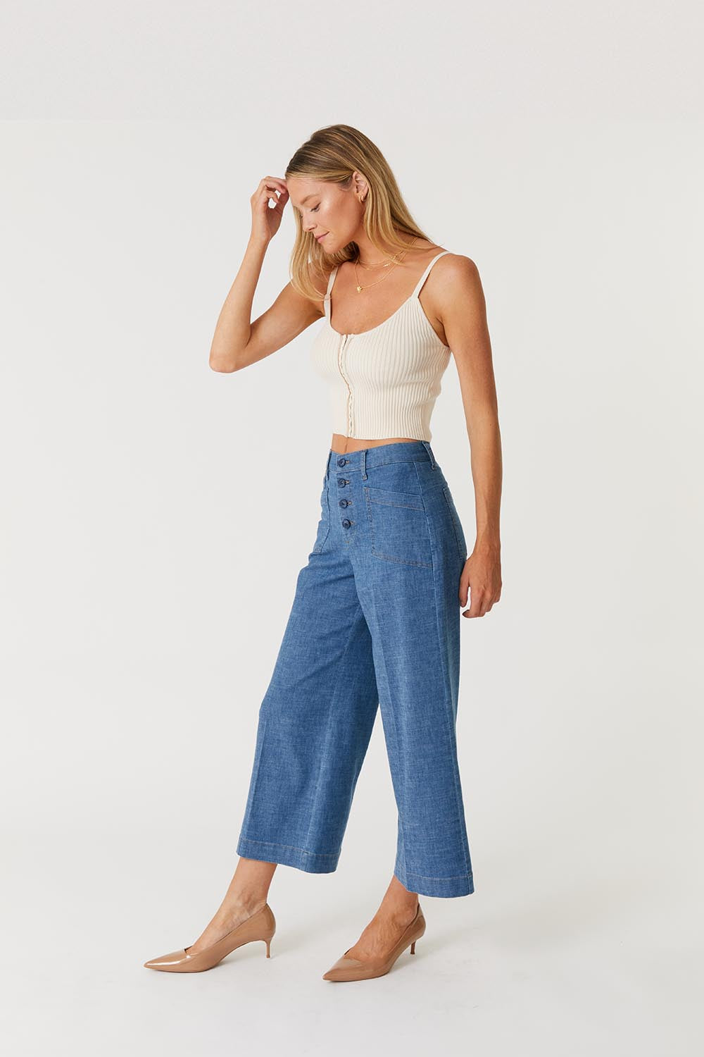 Sophia Exposed Button Wide Leg Pants-Denim-Vixen Collection, Day Spa and Women's Boutique Located in Seattle, Washington