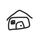 A minimalist black line drawing of a house on a solid white background.