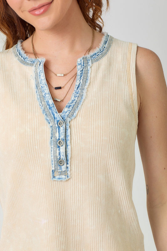Washed Away Henley Top-Tank Tops-Vixen Collection, Day Spa and Women's Boutique Located in Seattle, Washington