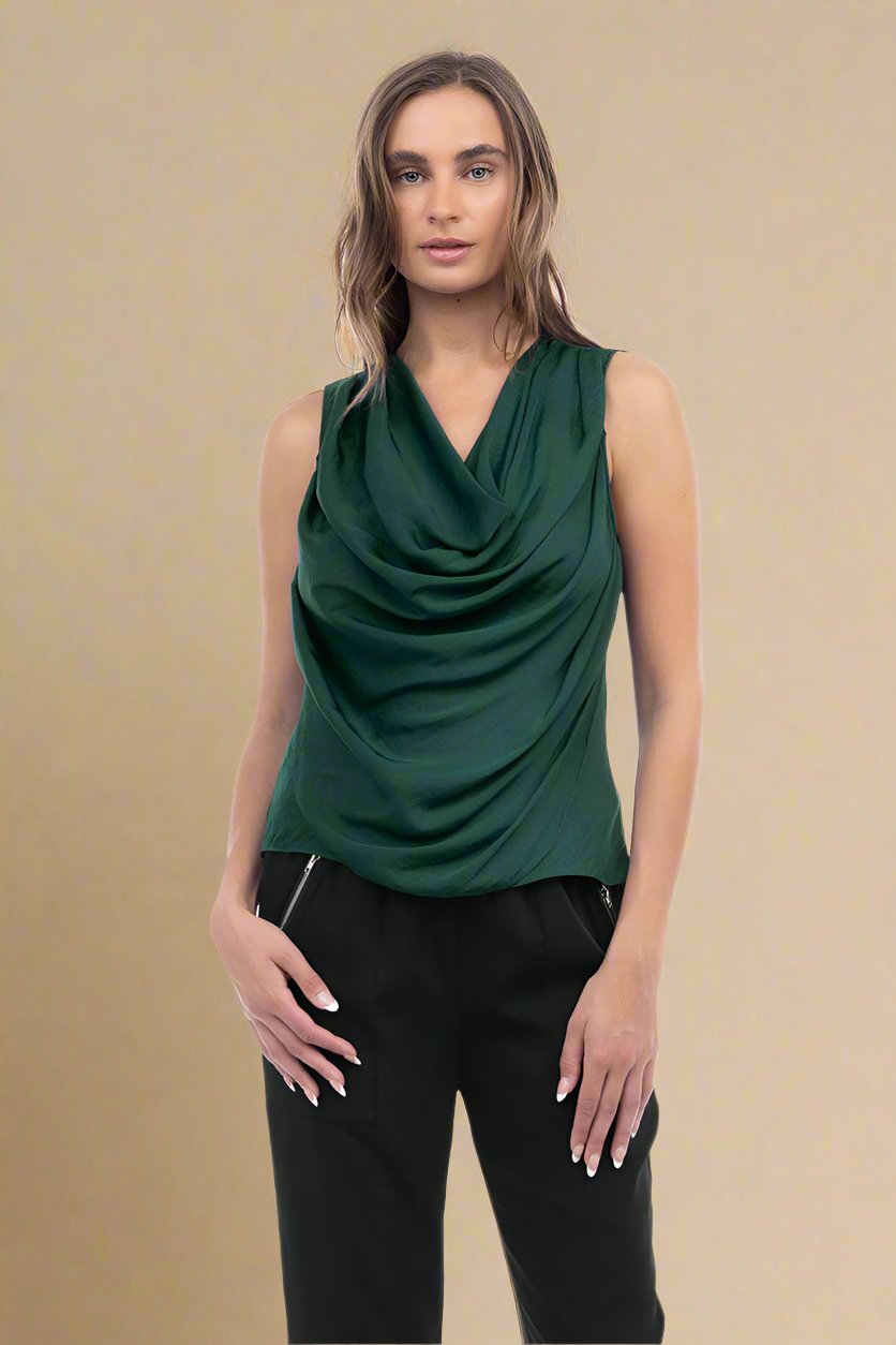 Jillian Drape Neck Satin Tank-Tank Tops-Vixen Collection, Day Spa and Women's Boutique Located in Seattle, Washington