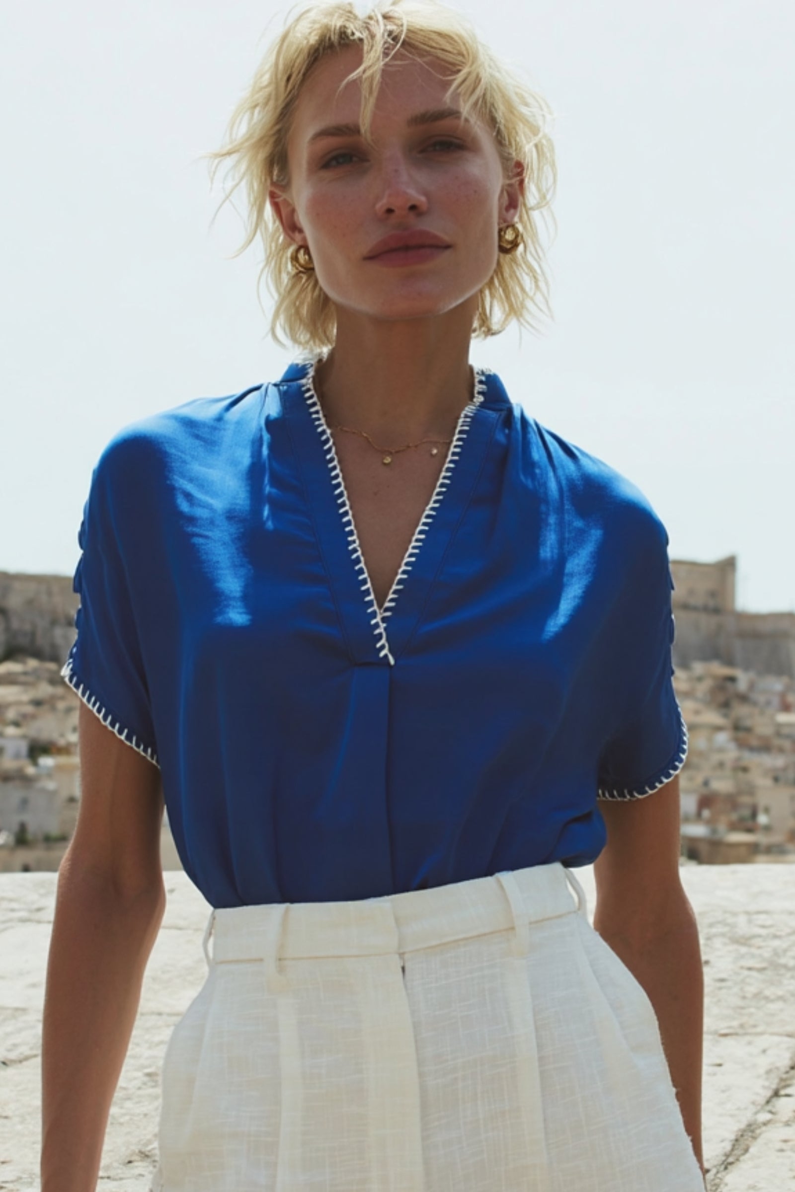 Margaux Stitch Blouse-Short Sleeves-Vixen Collection, Day Spa and Women's Boutique Located in Seattle, Washington