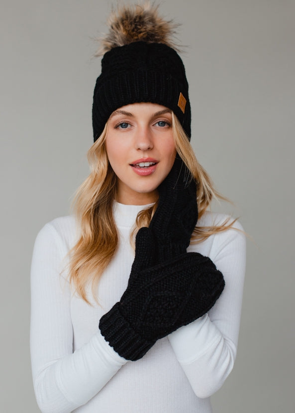 Black Cable Knit Mittens-Accessories-Vixen Collection, Day Spa and Women's Boutique Located in Seattle, Washington