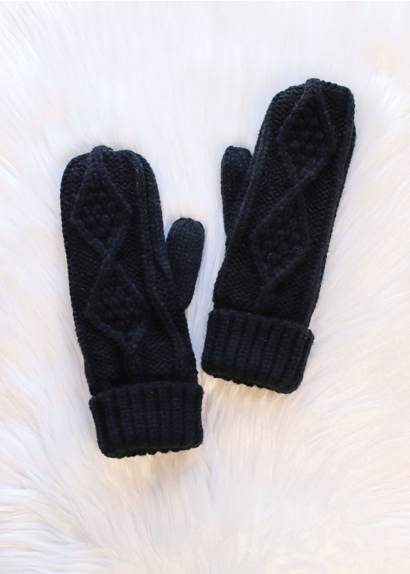 Black Cable Knit Mittens-Accessories-Vixen Collection, Day Spa and Women's Boutique Located in Seattle, Washington