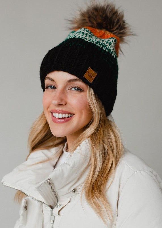 Patterned Pom Hat-Hats-Vixen Collection, Day Spa and Women's Boutique Located in Seattle, Washington