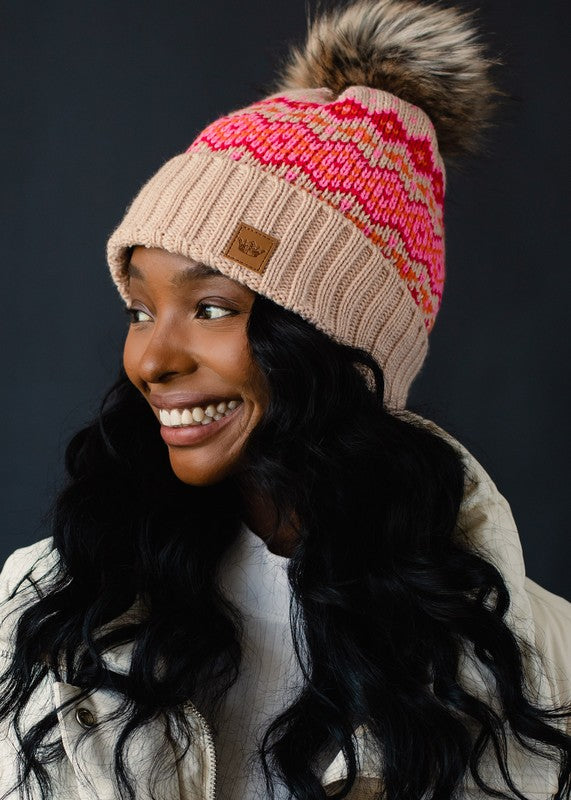 Patterned Pom Hat-Hats-Vixen Collection, Day Spa and Women's Boutique Located in Seattle, Washington