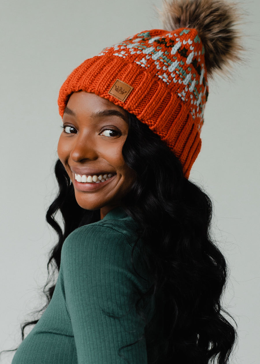 Patterned Pom Hat-Hats-Vixen Collection, Day Spa and Women's Boutique Located in Seattle, Washington