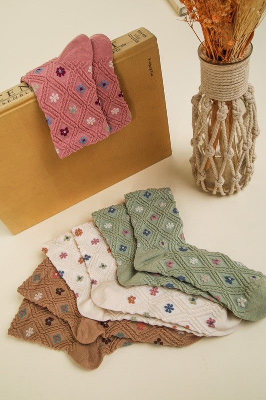 Floral Printed Textures Crew Socks-Socks-Vixen Collection, Day Spa and Women's Boutique Located in Seattle, Washington