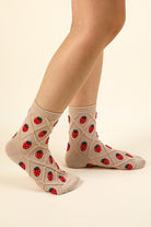 Front View. Strawberry Printed Textured Crew Socks-Socks-Vixen Collection, Day Spa and Women's Boutique Located in Seattle, Washington