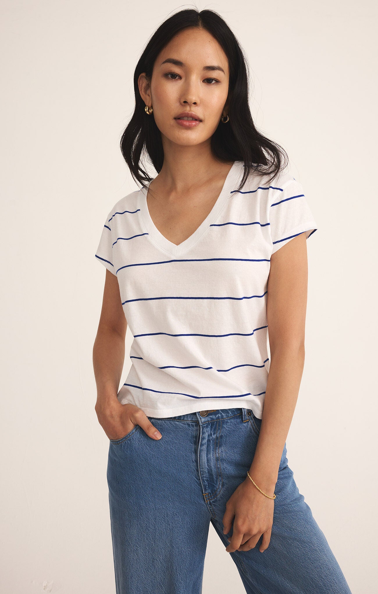 Striped Modern V-Neck Tee-Short Sleeves-Vixen Collection, Day Spa and Women's Boutique Located in Seattle, Washington