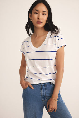 Striped Modern V-Neck Tee-Short Sleeves-Vixen Collection, Day Spa and Women's Boutique Located in Seattle, Washington