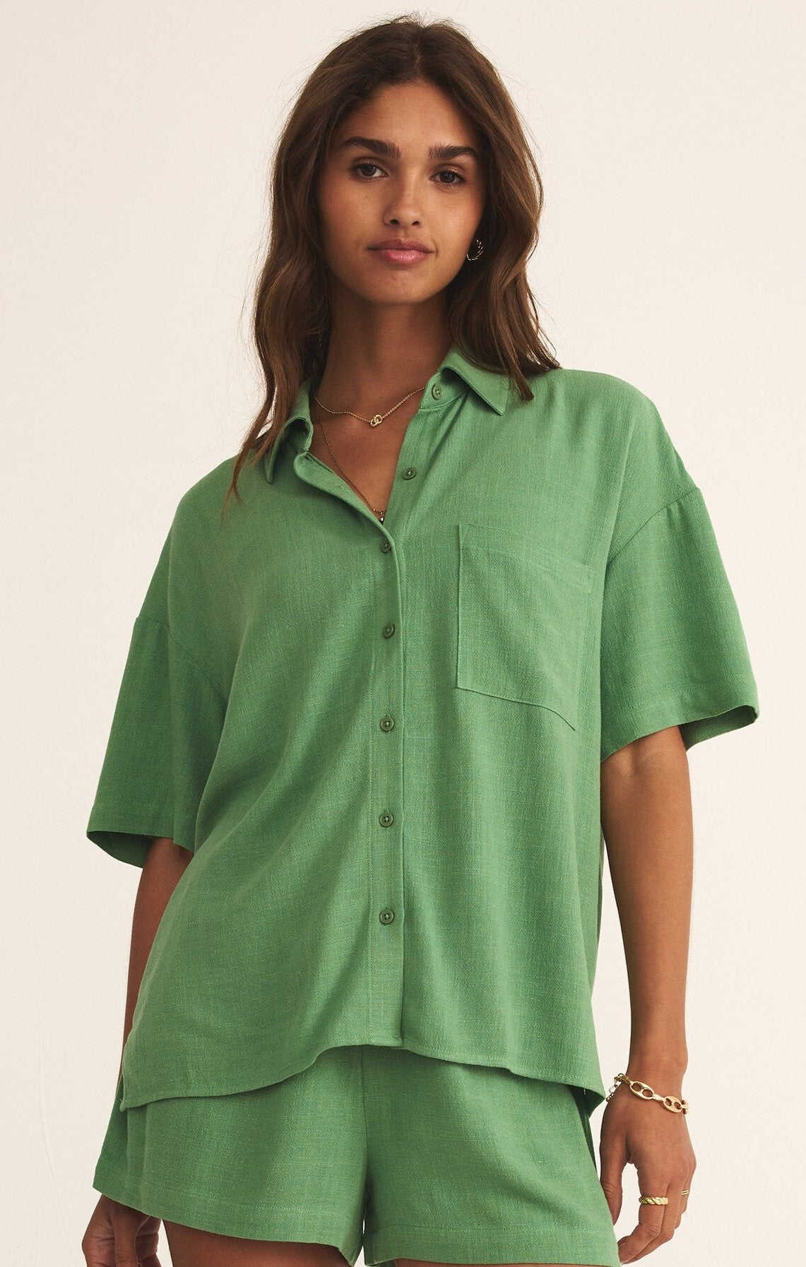 Tinsley Button Up Shirt-Short Sleeves-Vixen Collection, Day Spa and Women's Boutique Located in Seattle, Washington