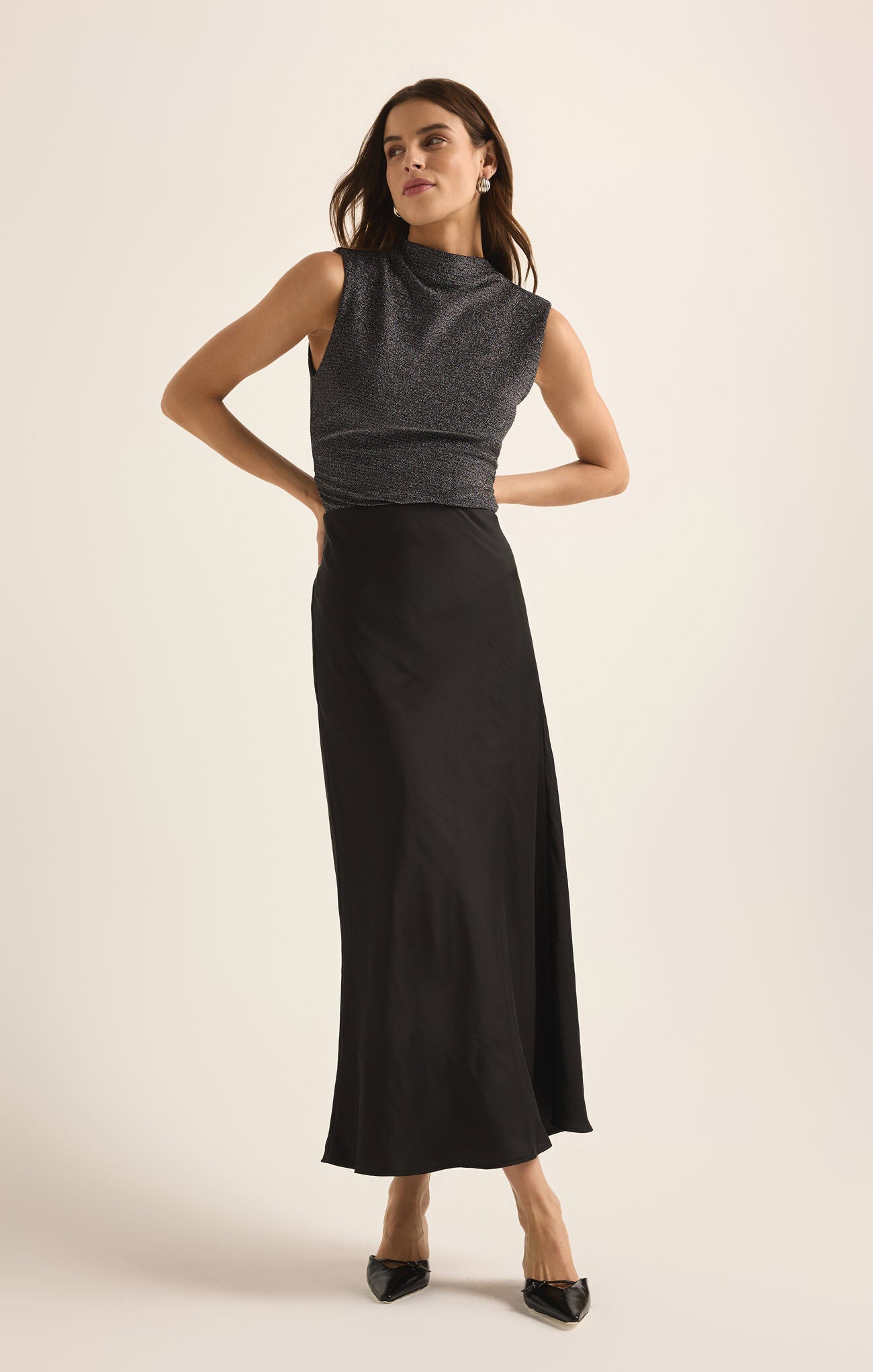 Europa Poly Sheen Skirt, Black-Skirts-Vixen Collection, Day Spa and Women's Boutique Located in Seattle, Washington