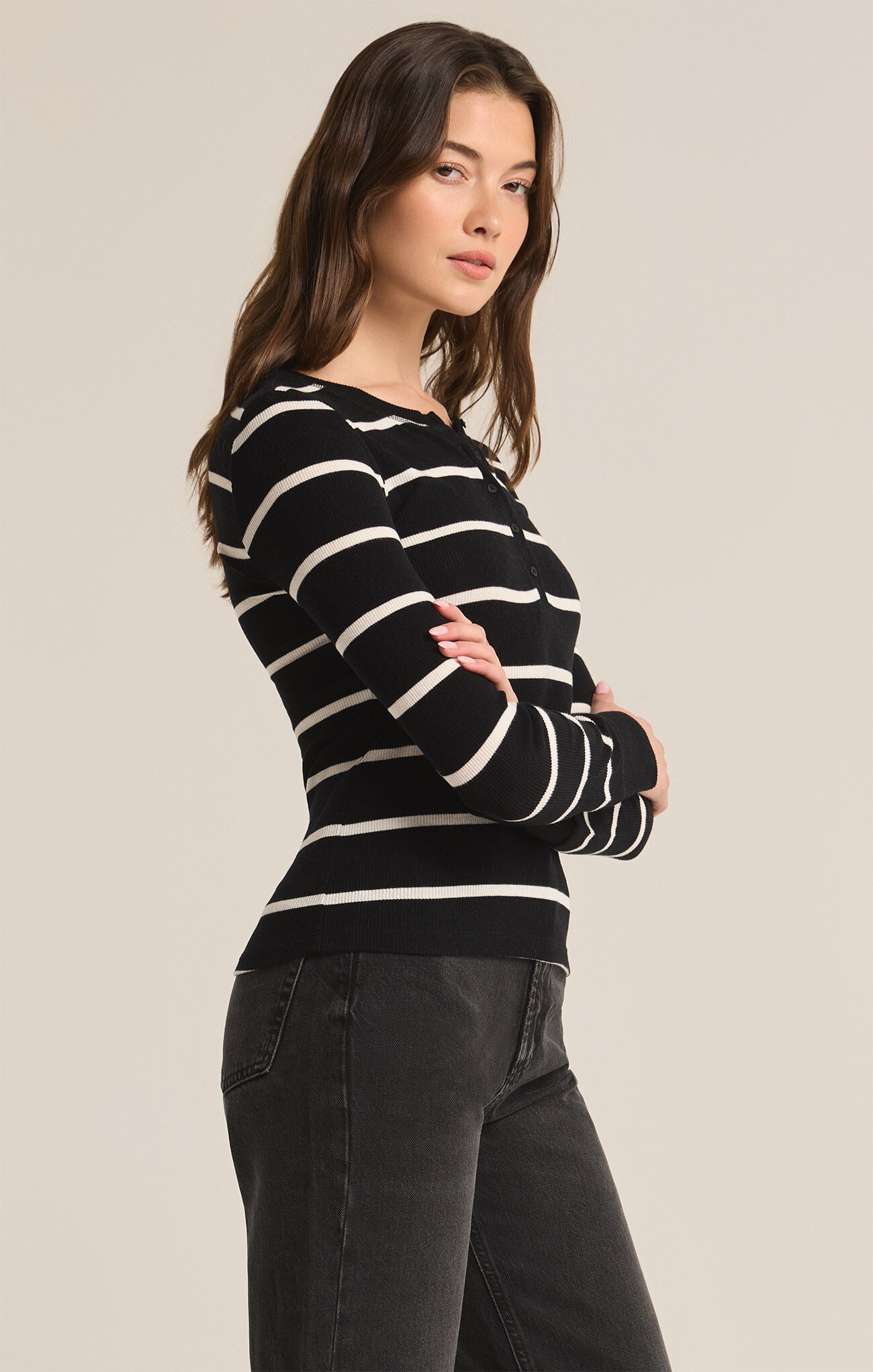 Scarlett Rib Stripe Henley-Long Sleeves-Vixen Collection, Day Spa and Women's Boutique Located in Seattle, Washington