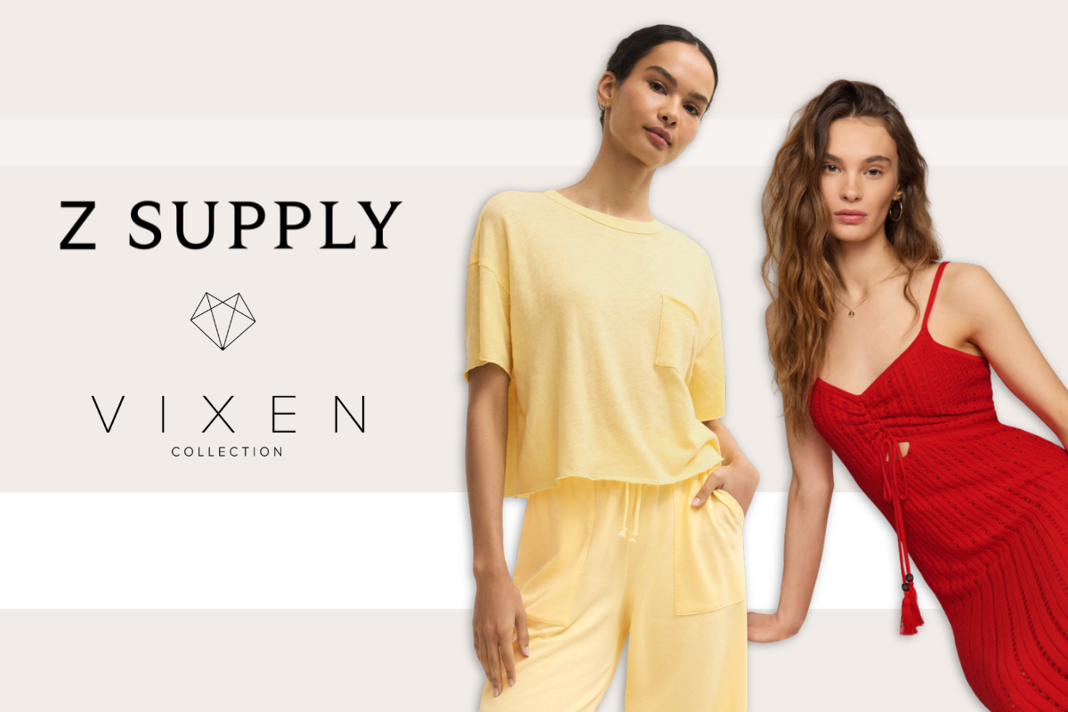 Two female models posing in a studio setting, showcasing apparel from the Vixen Collection by Z Supply. The model on the left wears a pale yellow short-sleeve t-shirt and matching yellow pants.