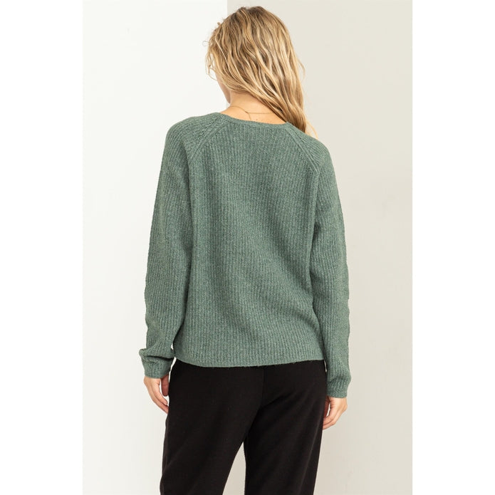 Chunky Knit Sweater, Gray Green-Sweaters-Vixen Collection, Day Spa and Women's Boutique Located in Seattle, Washington