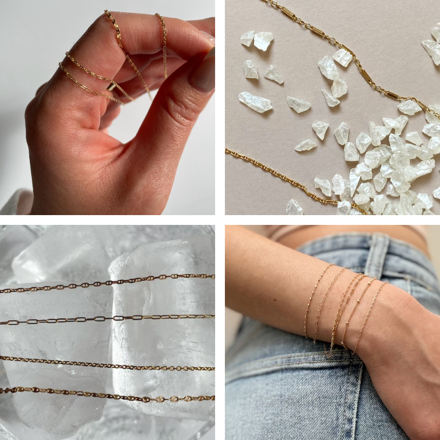 Gold chain over white loose stones. Woman's wrist wearing permanent jewelry against a denim backdrop. four golden chains on a crystal bowl backdrop. Woman's wrist wearing six permanent jewelry bracelets against a white backdrop. Vixen Collection Boutique, Seattle, WA. 