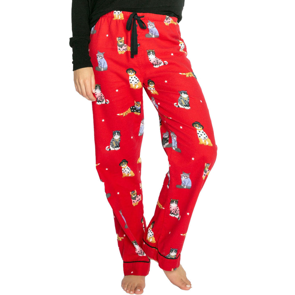 Cool Cat Flannel Pants, Red-Loungewear Bottoms-Vixen Collection, Day Spa and Women's Boutique Located in Seattle, Washington