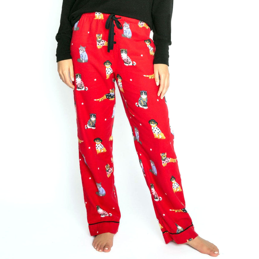 Cool Cat Flannel Pants, Red-Loungewear Bottoms-Vixen Collection, Day Spa and Women's Boutique Located in Seattle, Washington