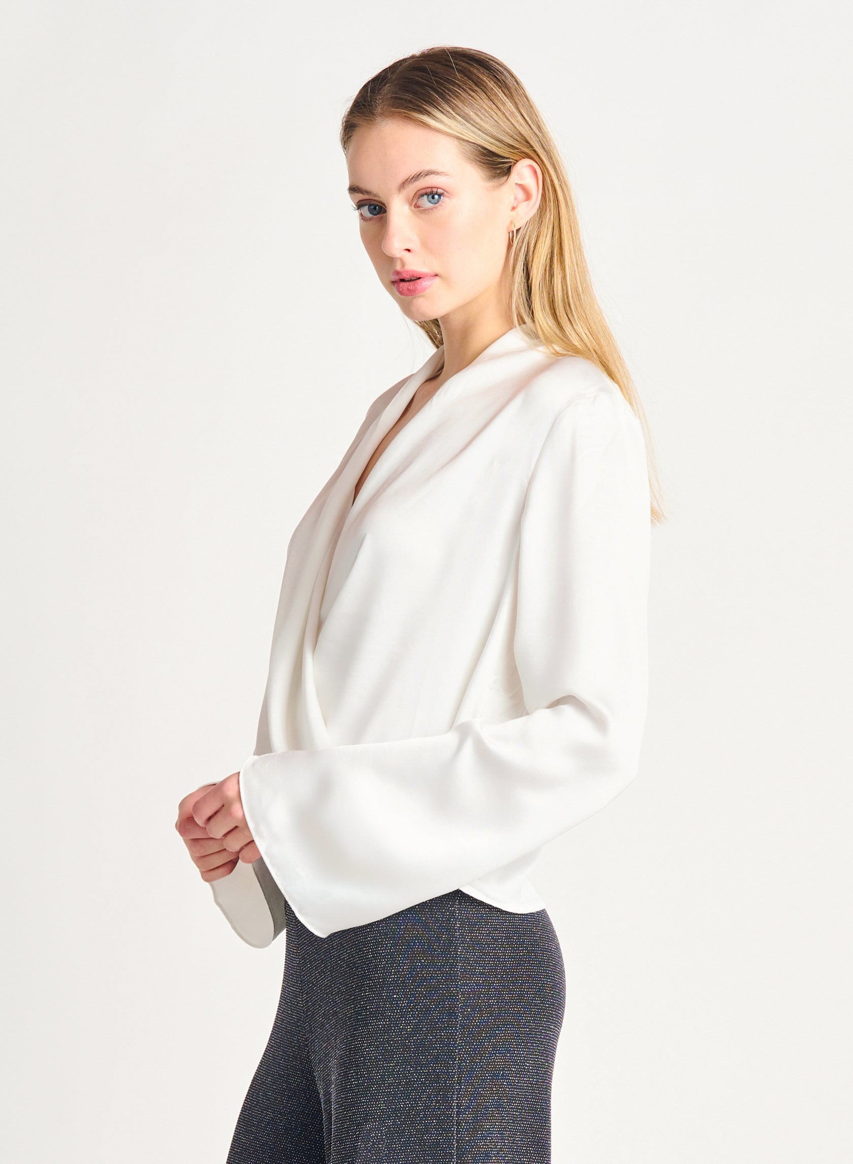 Bell of the Ball Satin Wrap Top-Long Sleeves-Vixen Collection, Day Spa and Women's Boutique Located in Seattle, Washington