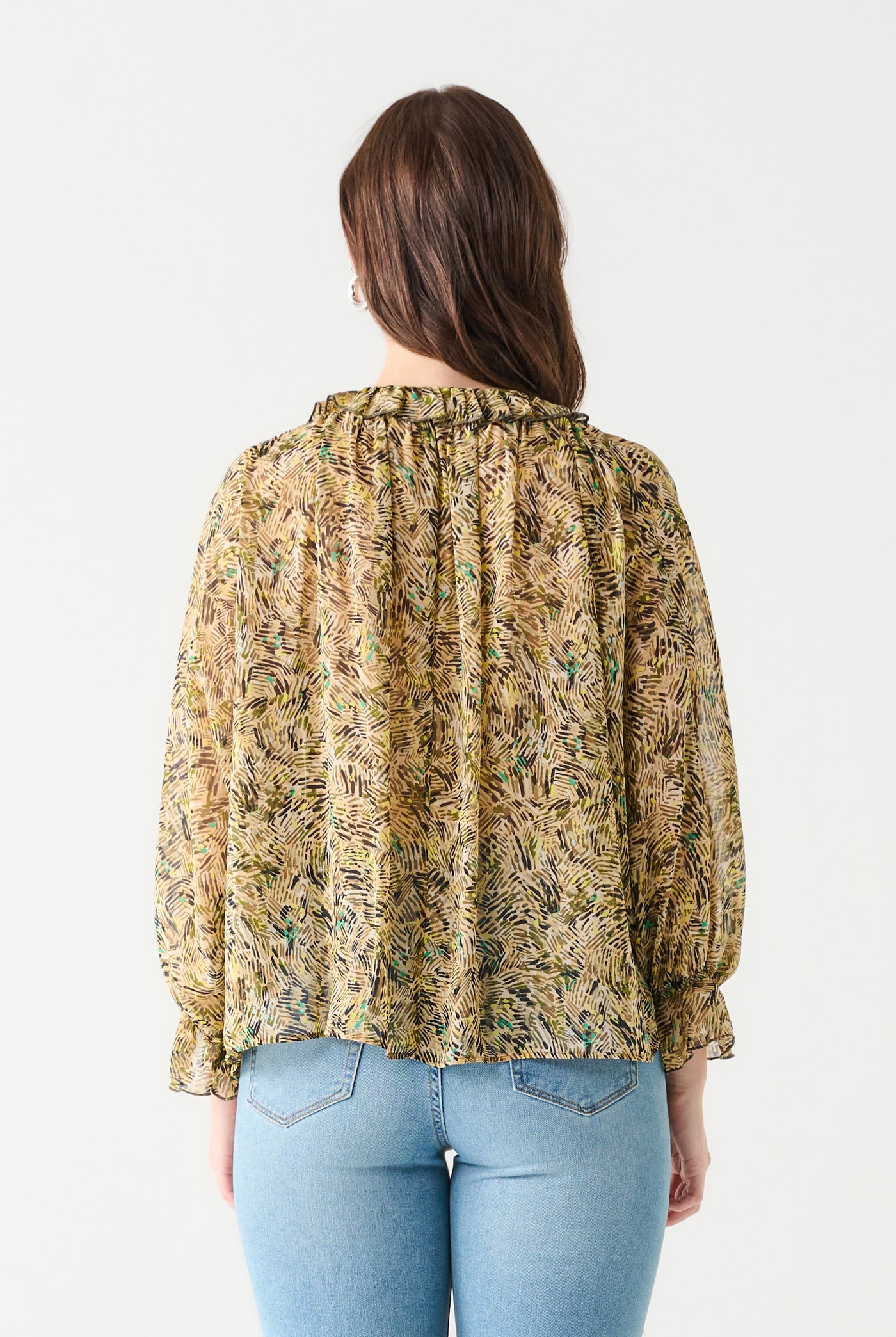 Ruffled Printed Blouse-Long Sleeves-Vixen Collection, Day Spa and Women's Boutique Located in Seattle, Washington