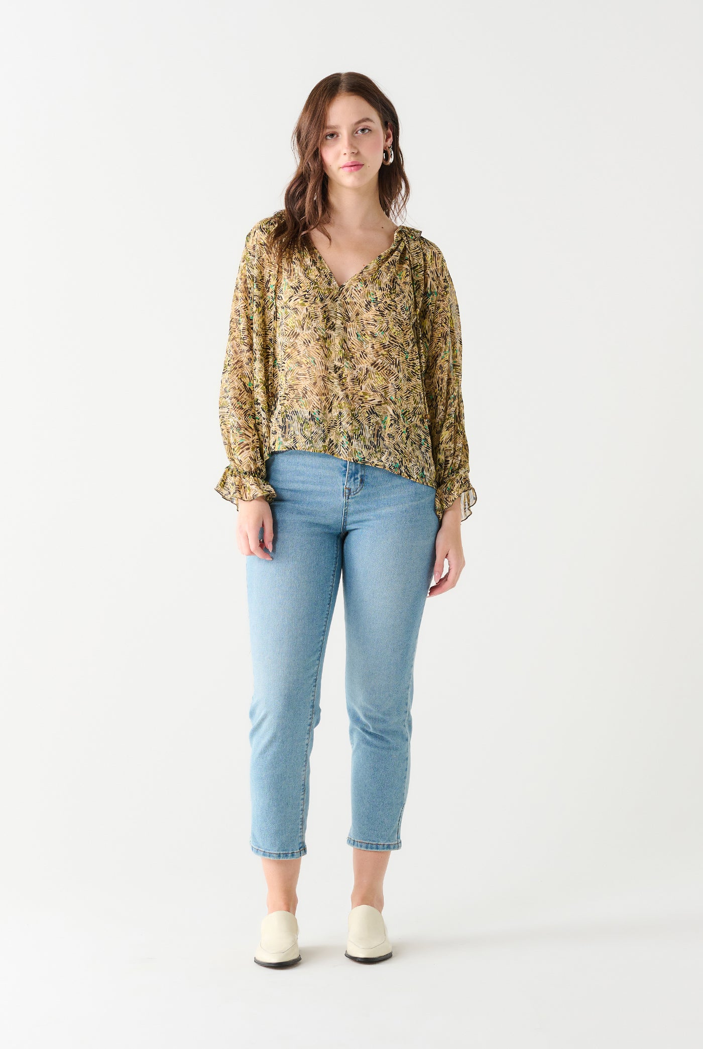 Ruffled Printed Blouse-Long Sleeves-Vixen Collection, Day Spa and Women's Boutique Located in Seattle, Washington