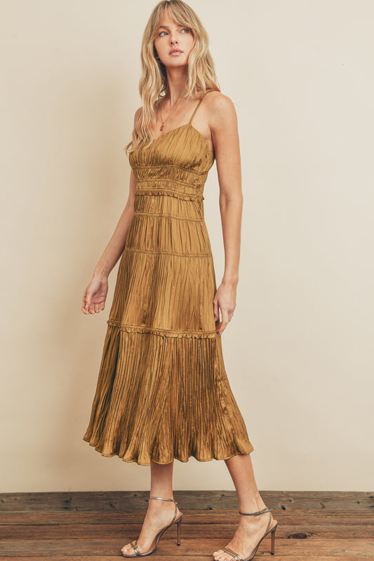 After Dark Pleated Tiered Midi Dress, Golden Ochre-Dresses-Vixen Collection, Day Spa and Women's Boutique Located in Seattle, Washington