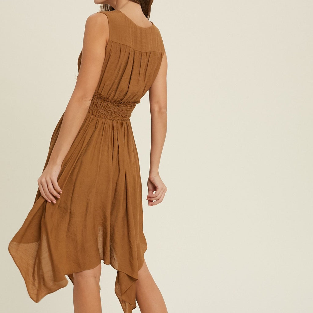 Caramel SharkBite Smocked Dress-Dresses-Vixen Collection, Day Spa and Women's Boutique Located in Seattle, Washington