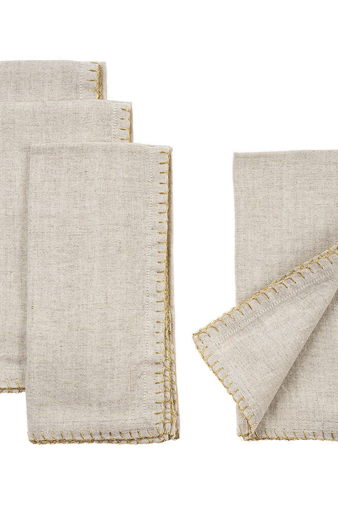 Gold Blanket Stitch Napkins, Linen Grey - Set of 4-Tabletop-Vixen Collection, Day Spa and Women's Boutique Located in Seattle, Washington