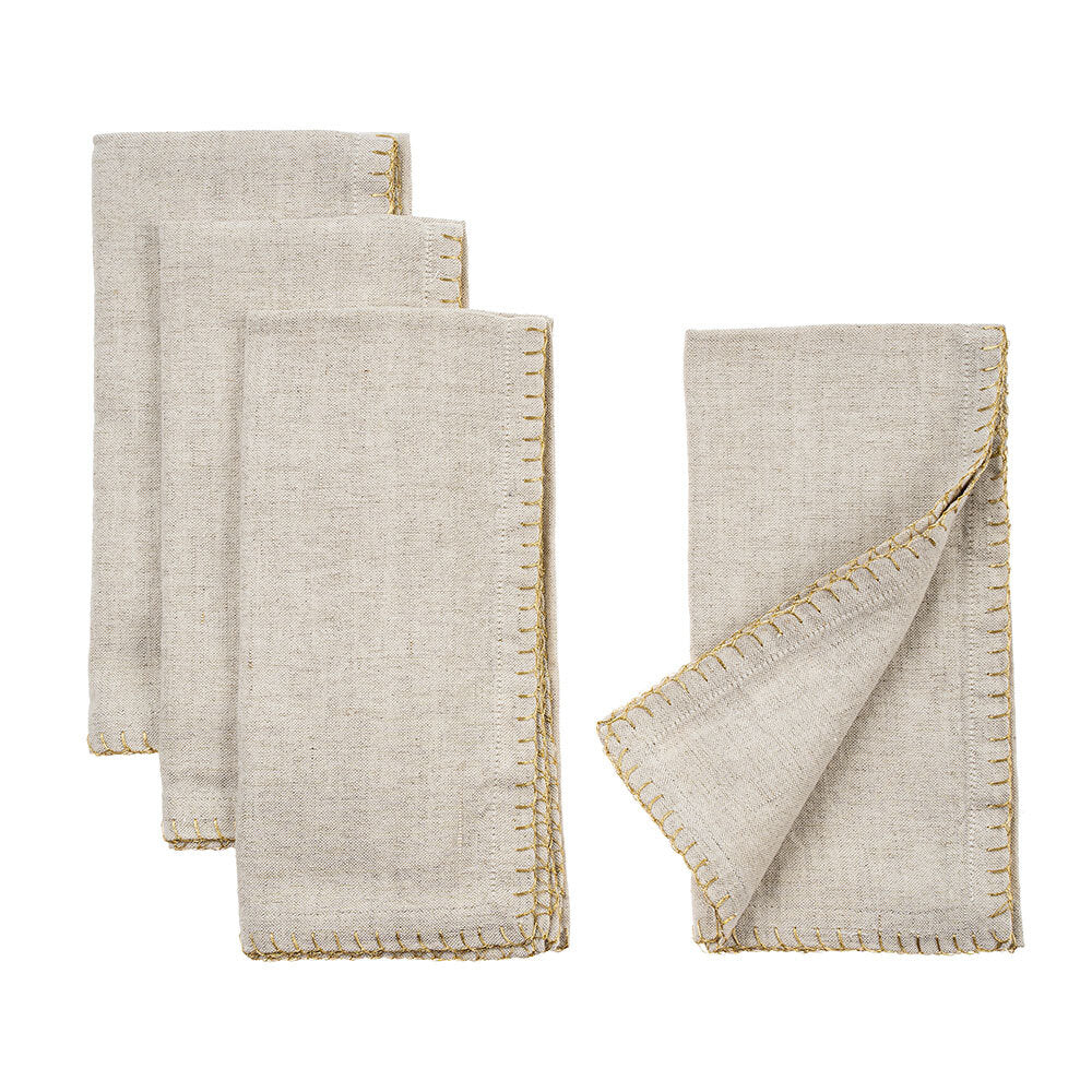 Gold Blanket Stitch Napkins, Linen Grey - Set of 4-Tabletop-Vixen Collection, Day Spa and Women's Boutique Located in Seattle, Washington