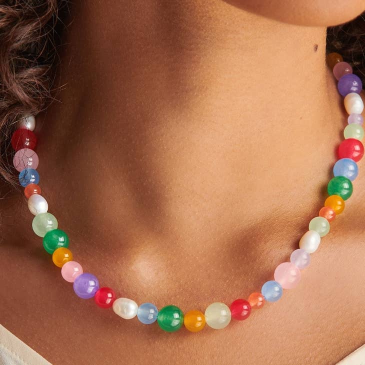 Multi-color Beaded Gemstones Gold Necklace-Necklaces-Vixen Collection, Day Spa and Women's Boutique Located in Seattle, Washington