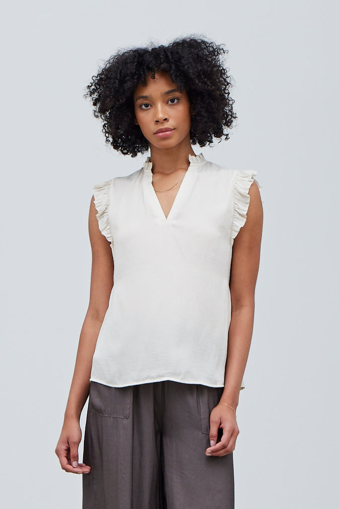 Charlotte Ruffle Satin Blouse-Short Sleeves-Vixen Collection, Day Spa and Women's Boutique Located in Seattle, Washington
