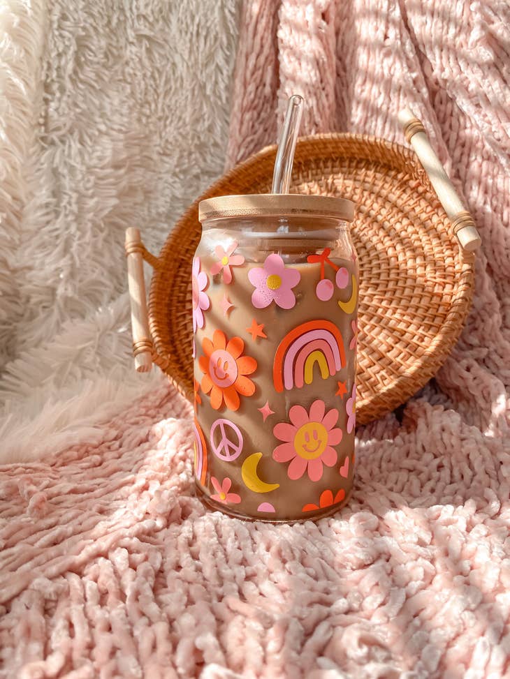 Retro & Groovy Flowers Aesthetic Beer Can Shaped Glass-Drinkware-Vixen Collection, Day Spa and Women's Boutique Located in Seattle, Washington