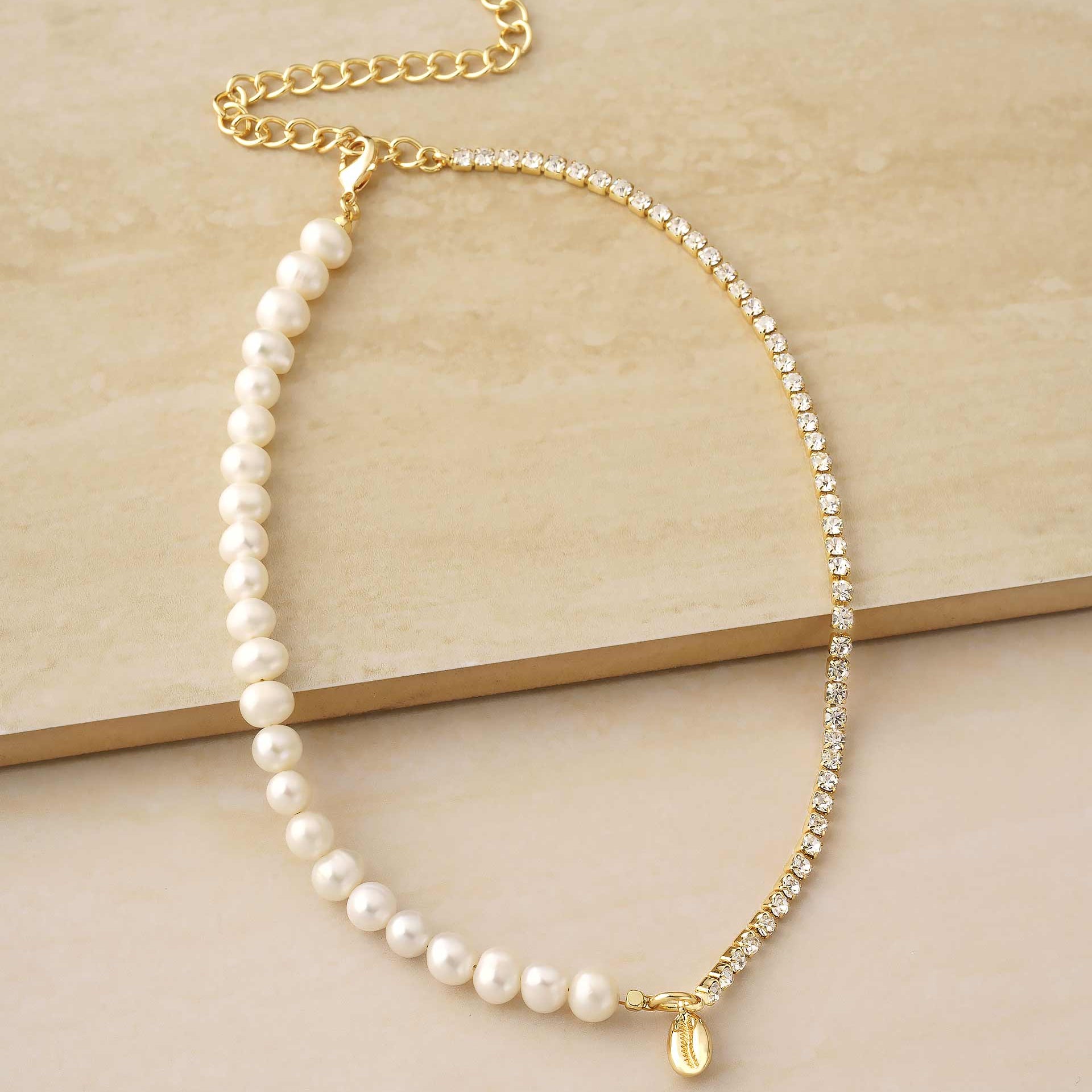 Pearl, Crystal, and Shell 18k Gold Plated Necklace-Necklaces-Vixen Collection, Day Spa and Women's Boutique Located in Seattle, Washington