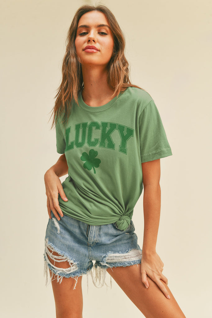Lucky Saint Patricks Day Clover Graphic Tee-Short Sleeves-Vixen Collection, Day Spa and Women's Boutique Located in Seattle, Washington