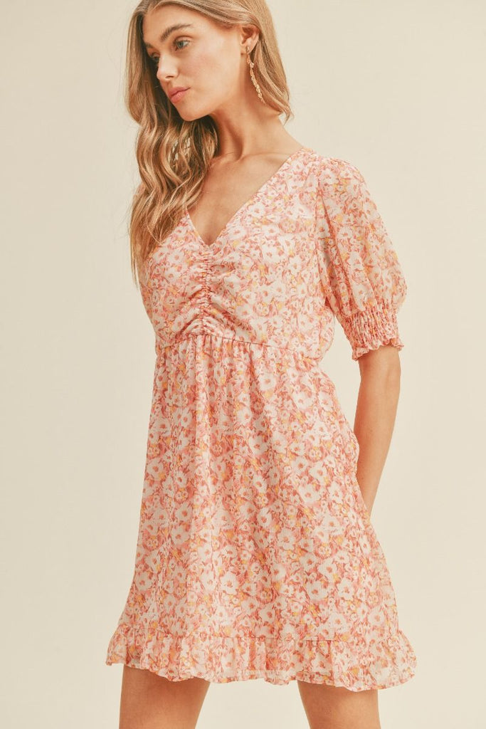 Floral Beauty Mini Dress, Dusty Rose Yellow-Dresses-Vixen Collection, Day Spa and Women's Boutique Located in Seattle, Washington