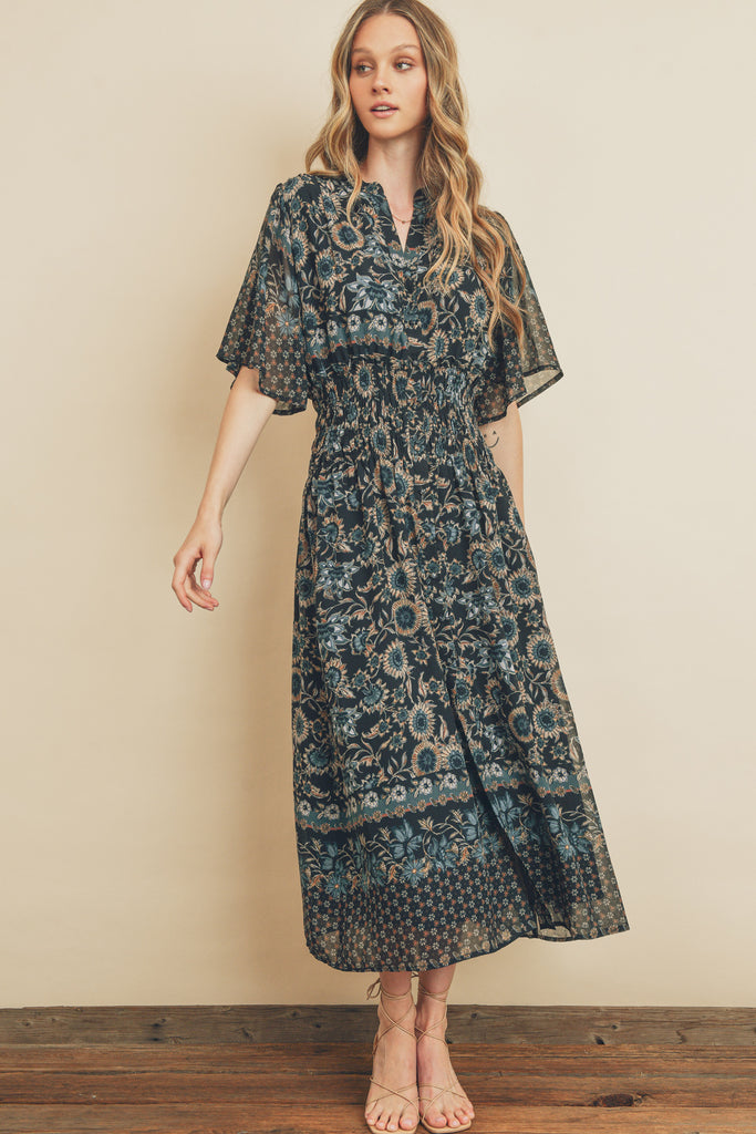 Paisley Floral Shirred Midi Dress-Dresses-Vixen Collection, Day Spa and Women's Boutique Located in Seattle, Washington