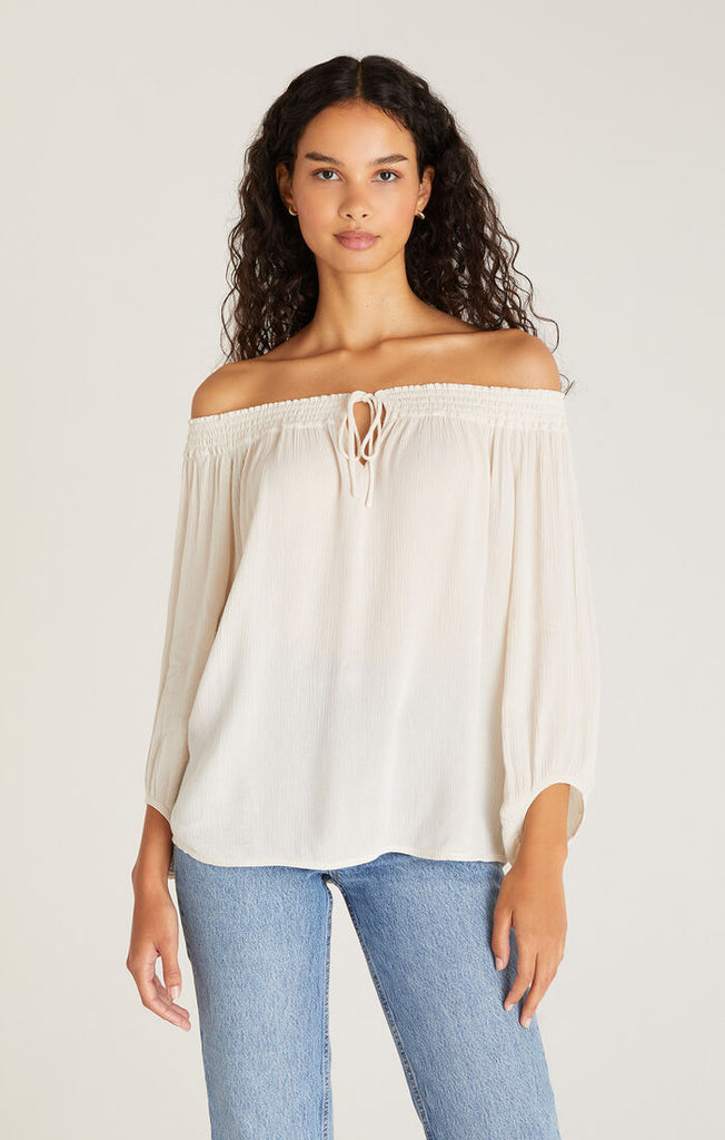 Ezra Off Shoulder Top, Adobe White-Long Sleeves-Vixen Collection, Day Spa and Women's Boutique Located in Seattle, Washington
