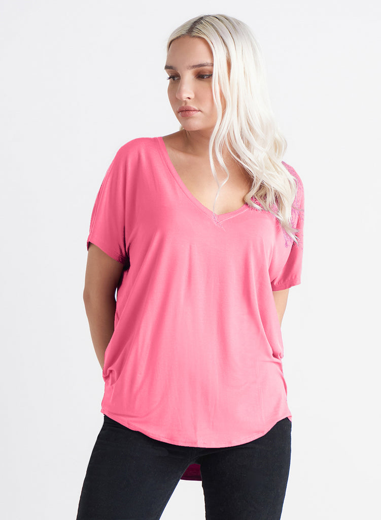 Pinky V-Neck Knit Tee-Short Sleeves-Vixen Collection, Day Spa and Women's Boutique Located in Seattle, Washington