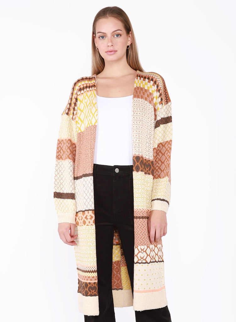 Patterns In Beige Patchwork Cardigan-Cardigans-Vixen Collection, Day Spa and Women's Boutique Located in Seattle, Washington