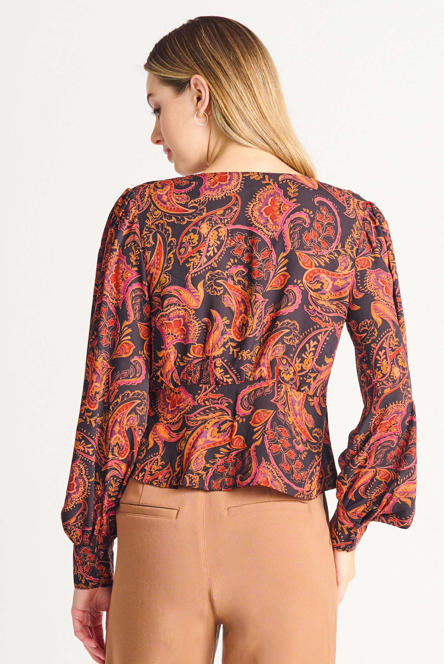 Paisley Phoenix V-Neck Blouse-Long Sleeves-Vixen Collection, Day Spa and Women's Boutique Located in Seattle, Washington