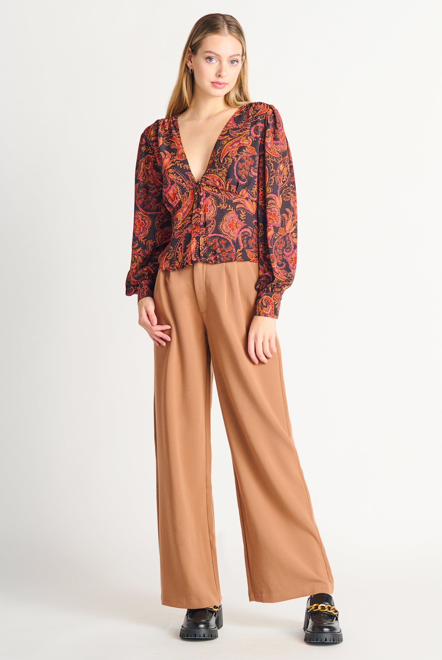 Paisley Phoenix V-Neck Blouse-Long Sleeves-Vixen Collection, Day Spa and Women's Boutique Located in Seattle, Washington