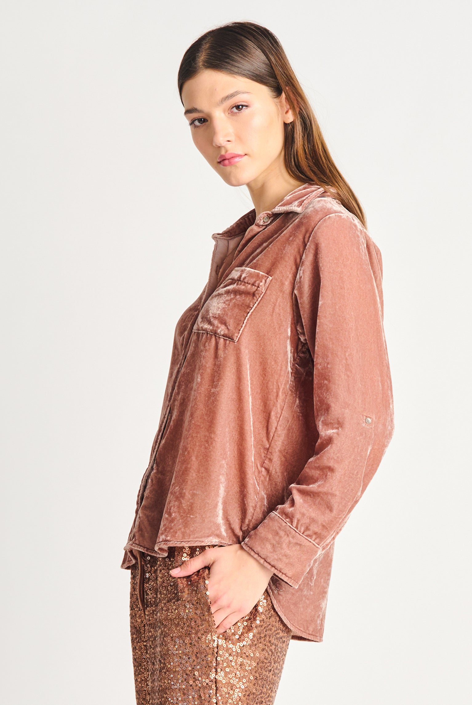 Button Front Velvet Shirt-Long Sleeves-Vixen Collection, Day Spa and Women's Boutique Located in Seattle, Washington