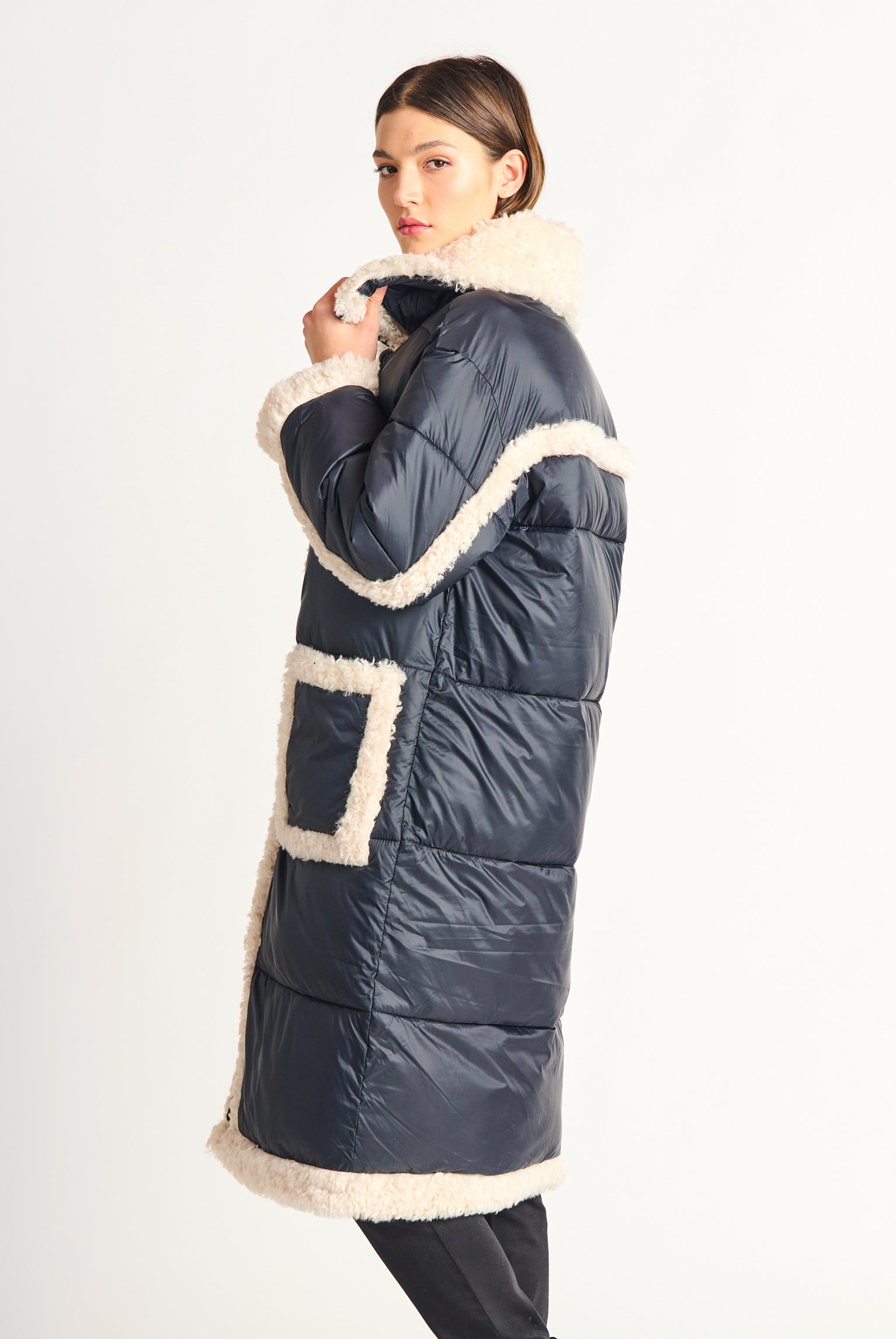 Sherpa Detail Puffer Coat-Puffer Jackets-Vixen Collection, Day Spa and Women's Boutique Located in Seattle, Washington